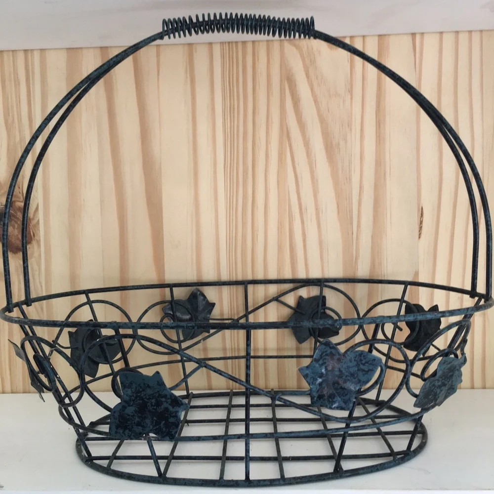 Decorative Black Metal Basket with Ivy Leaf Accents